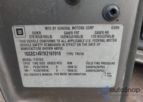 1999 Chevrolet Silverado 1500 Ls from USA, damaged, VIN 1GCEC14V7XZ167910